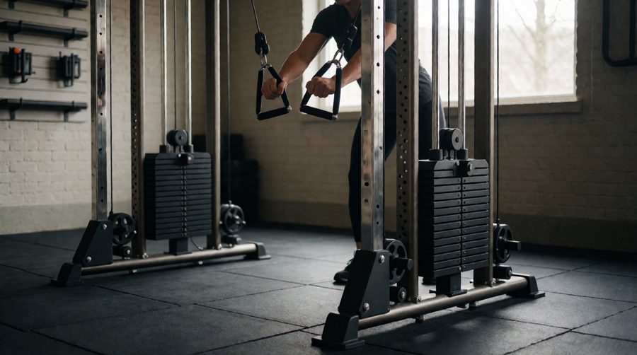 Cable crossover machine in a garage home gym - two weight stack towers and a cable chest fly