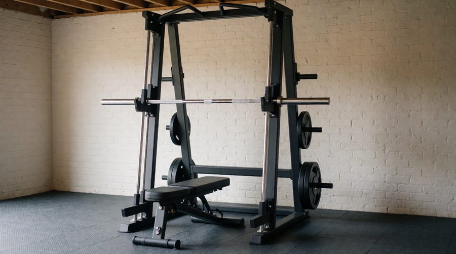 Home smith machines like this one fit neatly into a garage gym