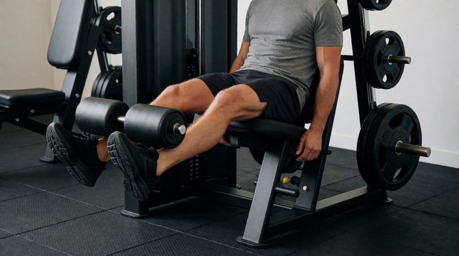 Leg extension machine in a home gym with weight plates loaded