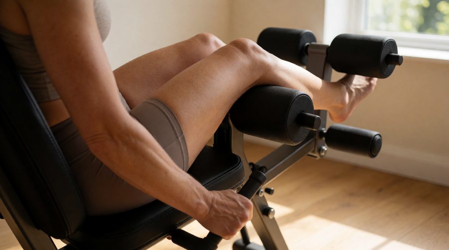 Weight bench leg developer with foam roller pads in a spare room home gym