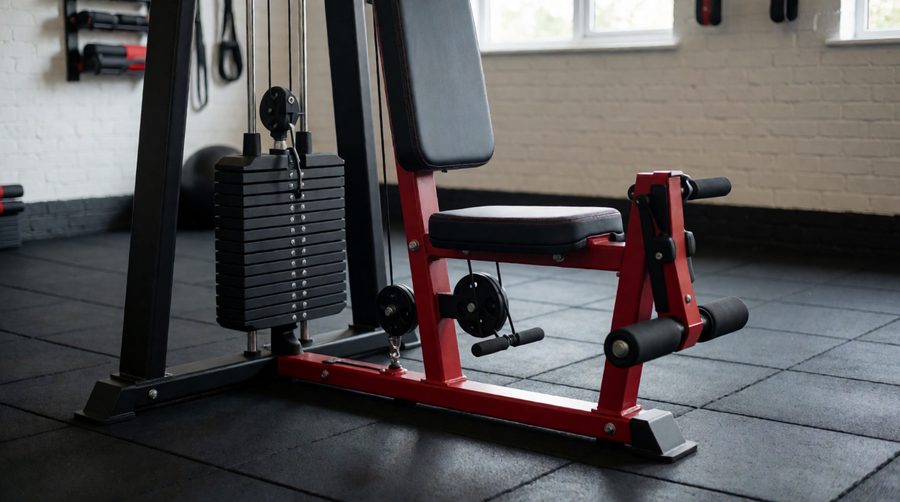 Multi gym with a pin-loaded weight stack and red leg station in a garage home gym
