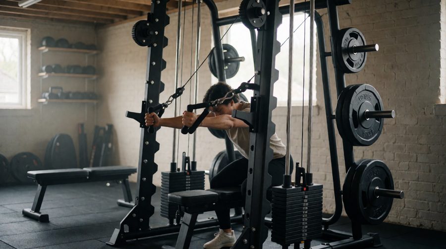 Cable chest fly on a smith machine with dual weight stacks in a garage gym