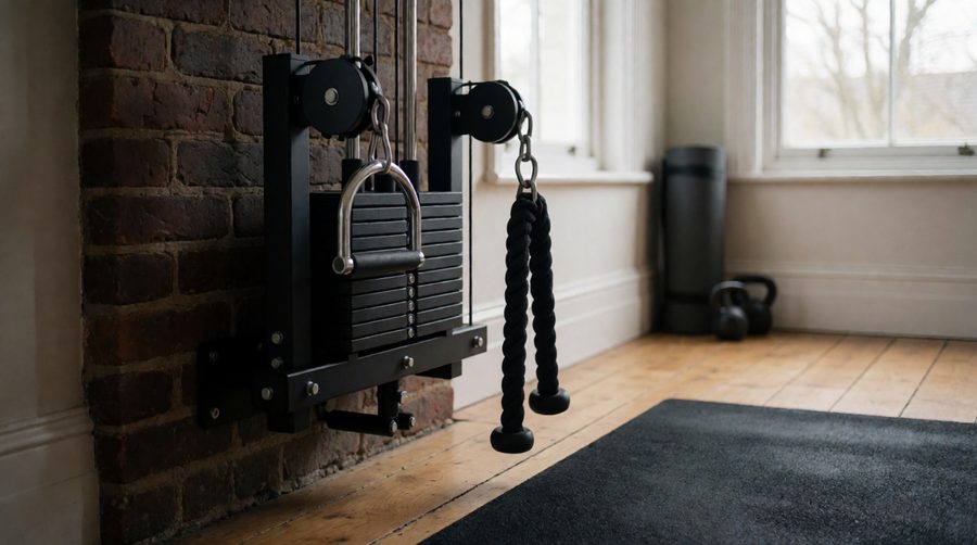 Wall mounted cable station with a D-handle and tricep rope in a small home gym