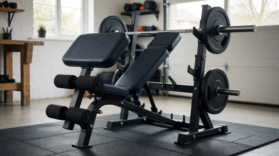 Weight bench multi gym with leg developer, preacher pad and barbell uprights in a garage home gym